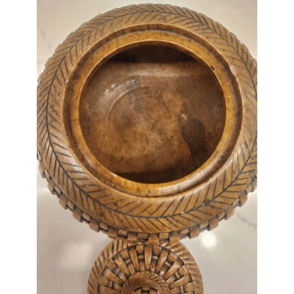 Vertical Wicker Weave Brown‎ Soapstone Jar Trinket Decor Box with Lid Heavy